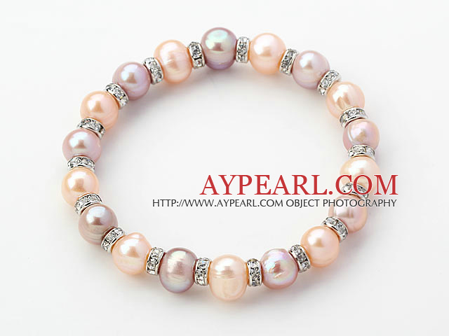 Classic Design Round Pink and Purple Freshwater Pearl and Rhinestone Ring Stretch Bangle Bracelet