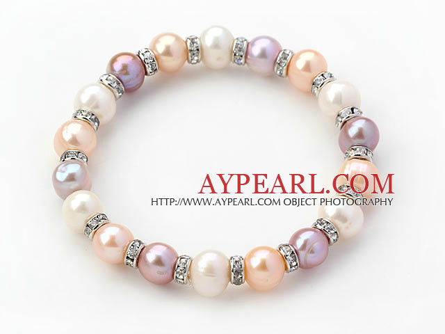 Classic Design Round White Pink Purple Freshwater Pearl and Rhinestone Ring Stretch Bangle Bracelet