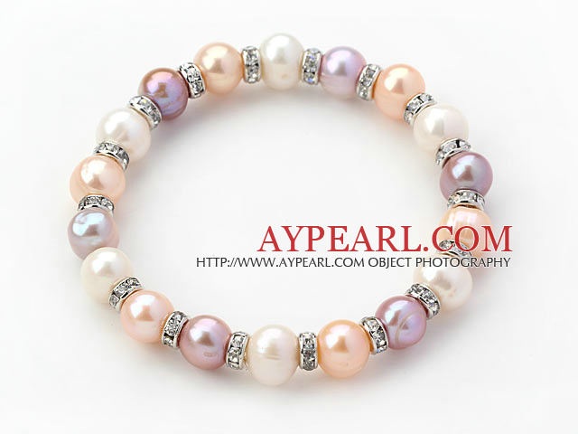 Klassisk design Runda Vit Rosa Lila Freshwater Pearl och STRASS ring Stretch Bangle Armband