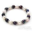 Classic Design Round Black and White Freshwater Pearl and Rhinestone Ring Stretch Bangle Bracelet