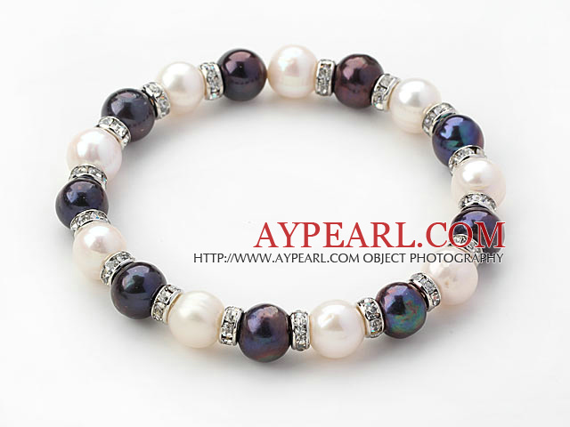Classic Design Round Black and White Freshwater Pearl and Rhinestone Ring Stretch Bangle Bracelet