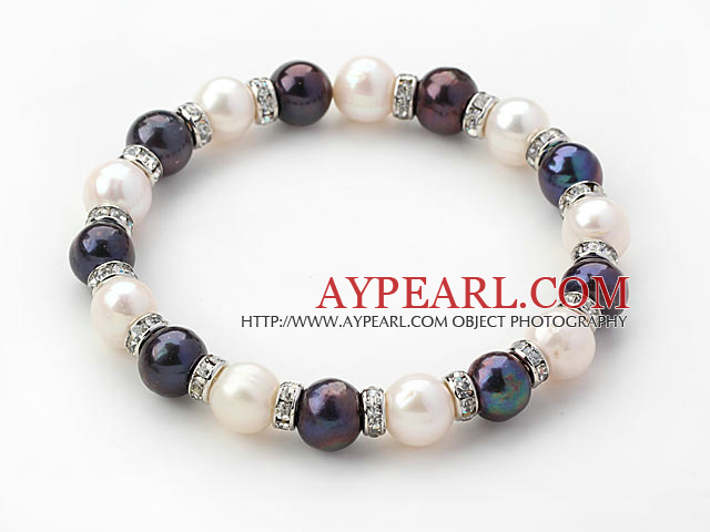 Classic Design Round Black and White Freshwater Pearl og Rhinestone Ring Stretch Bangle Bracelet