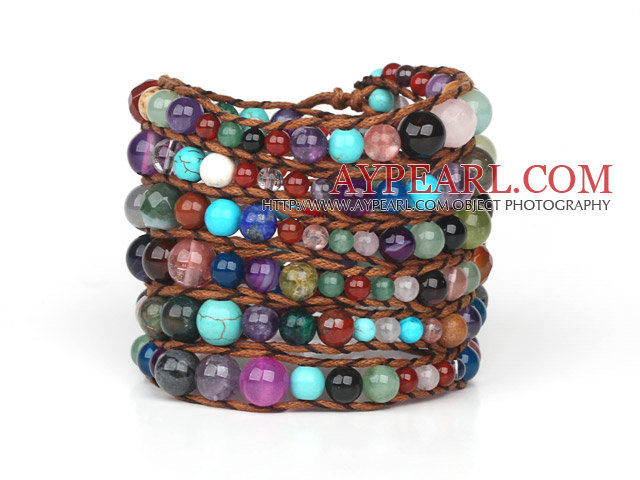Assorted Multi Color Multi Stone Woven Wrap Bangle Bracelet med Brown Wax tråden