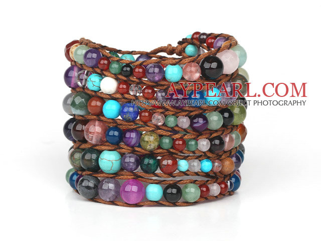 Assortiment de couleur multi multi Pierre tissé Bracelet Wrap avec Brown Wax discussion