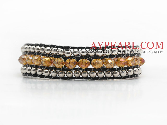 Fashion Style Three Rows Brown Crystal and Silver Beads Woven Bangle Bracelet