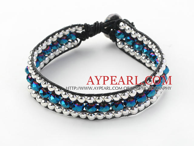 Fashion Style Three Rows Dark Blue Crystal and Silver Beads Woven Bangle Bracelet