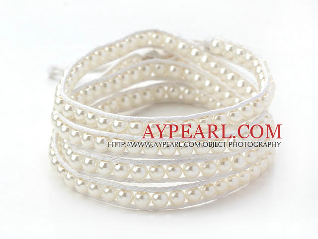 Fashion Style Round White Glass Beads Woven Wrap Bangle Bracelet with White Wax Thread