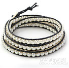 Fashion Style Round White Glass Beads Woven Wrap Bangle Bracelet with Black Wax Thread