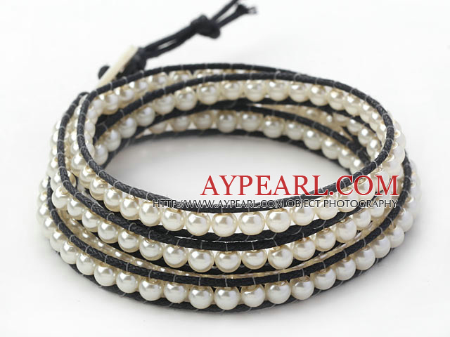 Fashion Style Round White Glass Beads Woven Wrap Bangle Bracelet with Black Wax Thread