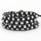 Fashion Style Round Gray and White Glass Beads Woven Wrap Bangle Bracelet with Black Wax Thread