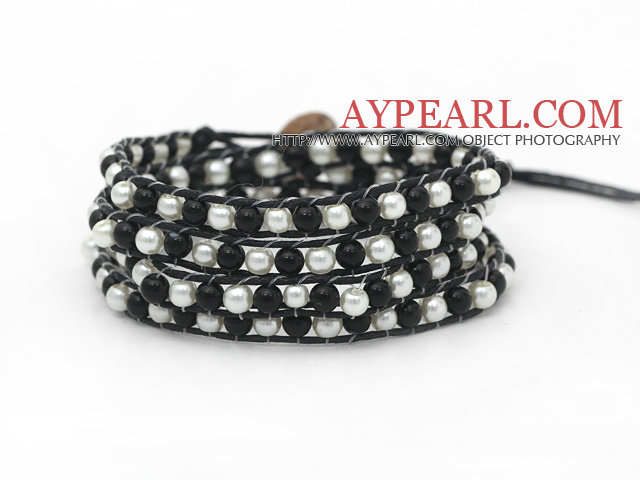 Fashion Style Round Gray and White Glass Beads Woven Wrap Bangle Bracelet with Black Wax Thread
