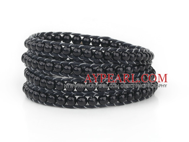 Fashion Style Round Black Glass Beads Woven Wrap Bangle Bracelet with Black Wax Thread