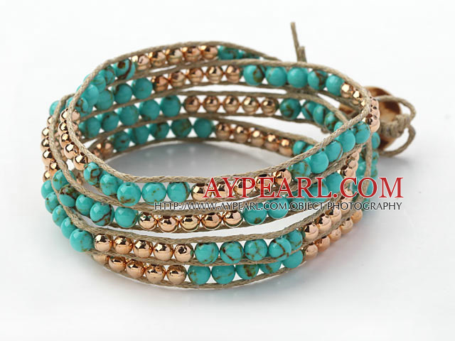 Fashion Style Round Turquoise and Golden Color Metal Beads Woven Wrap Bangle Bracelet with Gray Wax Thread