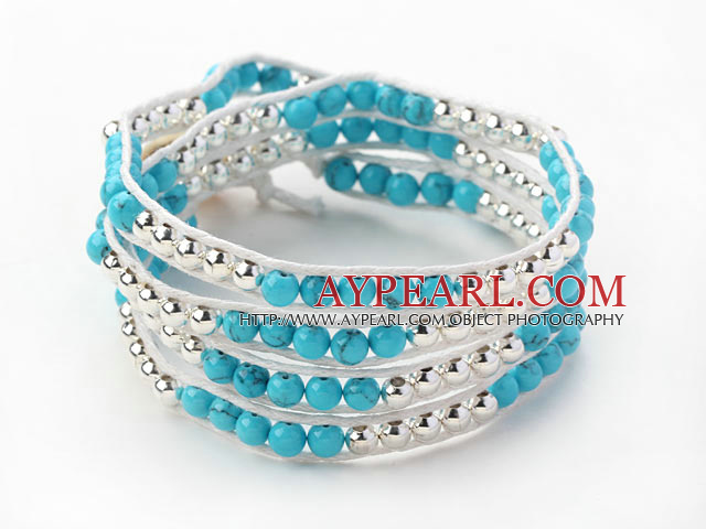 Blue Series Round Blue Turquoise and Silver Color Metal Beads Woven Wrap Bangle Bracelet with White Wax Thread