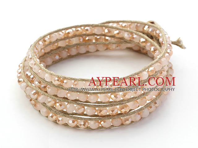 Fashion Style Light Pink Jade Crystal vävda armband Wrap Bangle med Gray Wax Thread