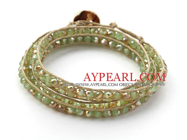 Fashion Style Olivine Color Jade Crystal Woven Wrap Bangle Bracelet with Gray Wax Thread