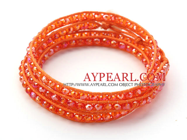 Fashion Style Dark Orange Color Jade Crystal Woven Wrap Bangle Bracelet with Orange Wax Thread