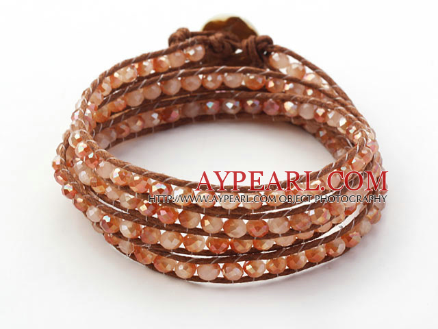 Fashion Style Light Coffee Color Jade Crystal Woven Wrap Bangle Bracelet with Brown Wax Thread