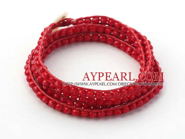 Fashion Style Dark Red Color Jade Crystal Woven Wrap Bangle Bracelet with Red Wax Thread