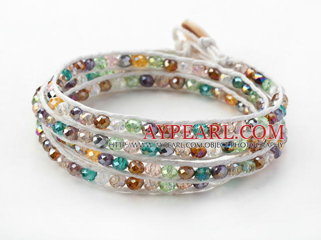 Fashion Style Multi Color Jade Crystal Woven Wrap Bangle Bracelet with White Wax Thread