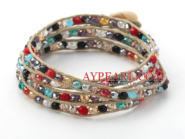 Fashion Style Multi Color Jade Crystal Woven Wrap Bangle Bracelet with Gray Wax Thread