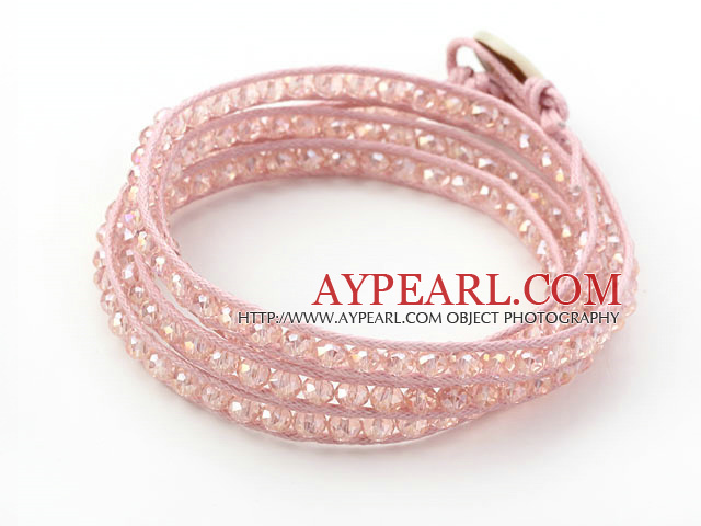 Fashion Style Pink Crystal Woven Wrap Bangle Bracelet with Pink Wax Thread