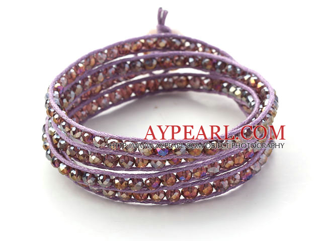 Fashion Style Purple Pink Crystal Woven Wrap Bangle Bracelet with Purple Wax Thread
