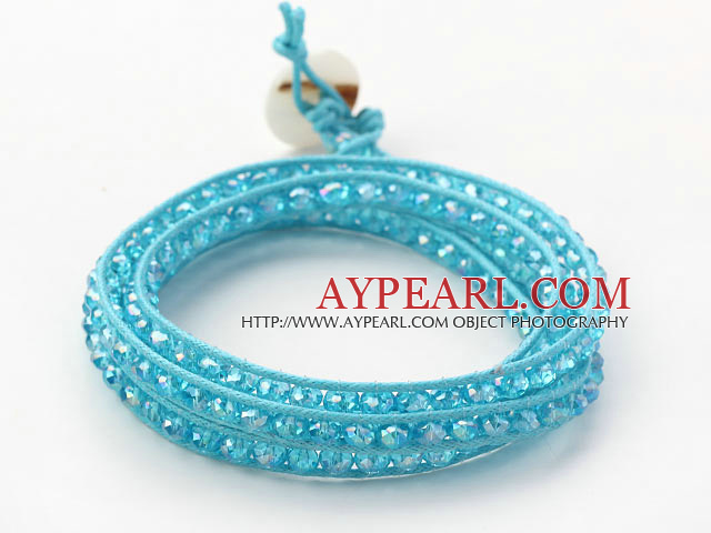 Mote Stil Sky Blue Crystal Woven Wrap Bangle Bracelet med Himmelblå Wax tråden