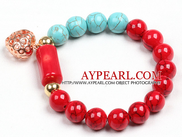 Simple Style Red Blood Stone Türkis-Korn-Zylinder Coral Stretch / elastischem Armband mit Golden Rose Farben-Höhle-Herz-Charme-