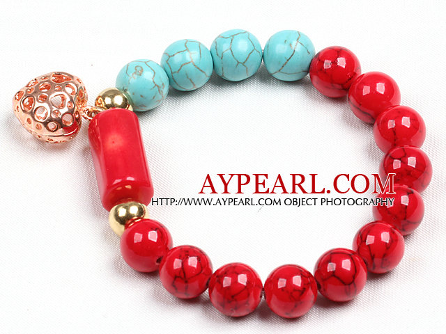 Enkel stil Red Blood Stone Turkise perler Cylinder Coral Stretch / Elastisk armbånd med Golden Rose Color Hollow Hjerte