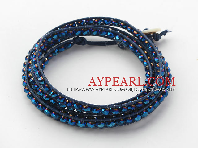 Fashion Style Dark Blue Crystal Woven Wrap Bangle Bracelet with Dark Blue Wax Thread