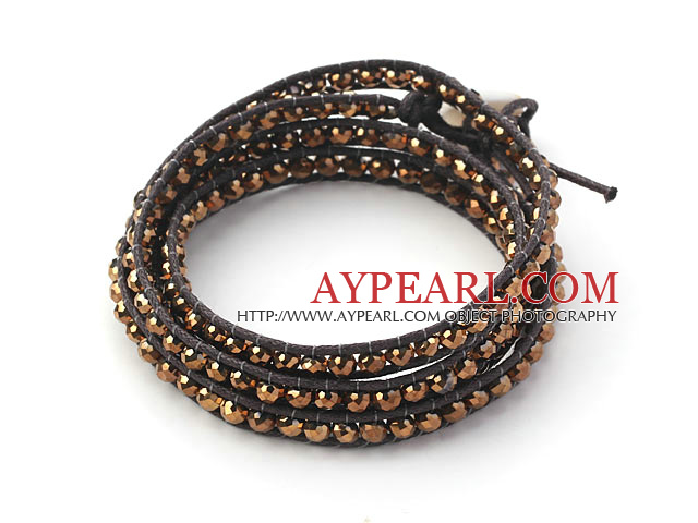 Fashion Style Golden Color Crystal Woven Wrap Bangle Bracelet with Brown Wax Thread