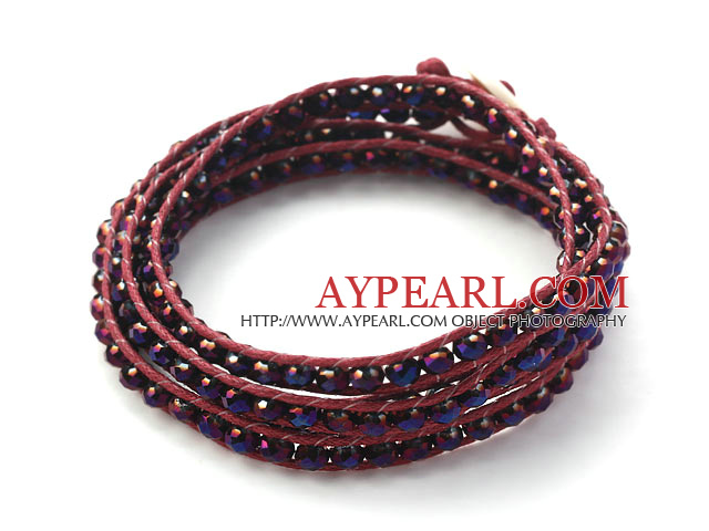 Mote Stil Purple Red Crystal Woven Wrap Bangle Bracelet med Lilla Rød Wax tråden