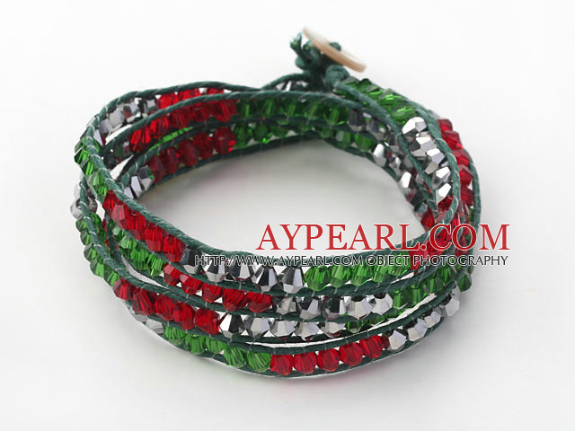 Fashion Style Red and Green and Gray Silver Color Crystal Woven Wrap Bangle Bracelet with Green Wax Thread