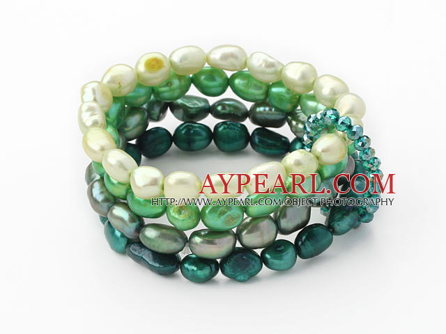 Green Series Gradual Color Change Freshwater Pearl Stretch Bangle Bracelet