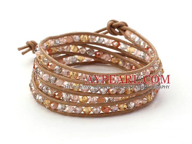 Brown Series Multi Color Crystal Woven Wrap Bangle Armband med Brown Leather Cord