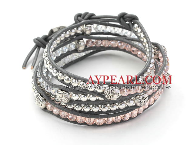 Assorted Pink Crystal and Silver Color Beads and Buddha's Head Woven Wrap Bangle Bracelet with Gray Leather Cord
