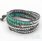 Runde Turkis og Silver Color Perler og Skull Woven Wrap Bangle Bracelet med Gray Lærsnøre