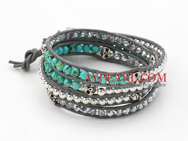 Round Turquoise and Silver Color Beads and Skull Woven Wrap Bangle Bracelet with Gray Leather Cord