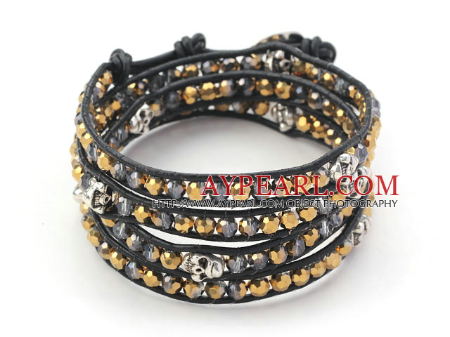 Golden Plated Color Crystal and Silver Color Skull Woven Wrap Bangle Bracelet with Black Leather Cord