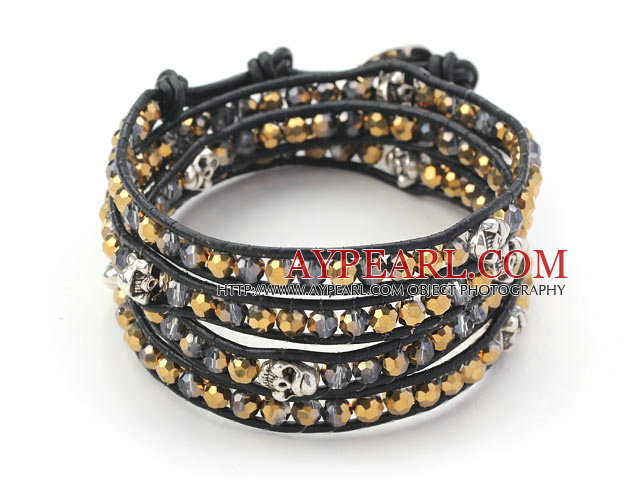 Золотое покрытие Color Crystal и серебристый цвет черепа Тканые браслет Wrap браслет с черным кожаный шнур