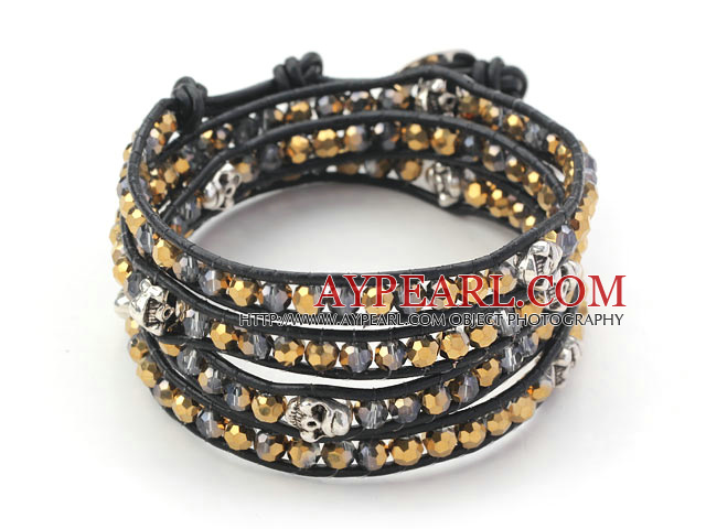 Or plaqué Couleur Cristal et Argent Crâne de couleur tissé Bracelet Wrap avec corde en cuir noir