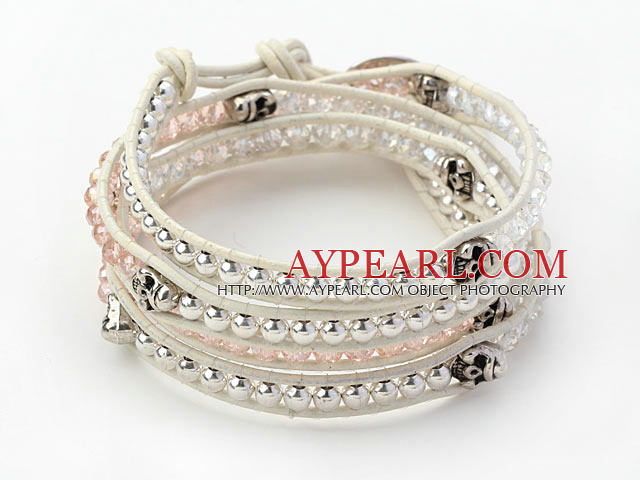 Rosa kristall och silver färg Pärlor och skalle Woven Wrap Bangle Armband med vit läderrem