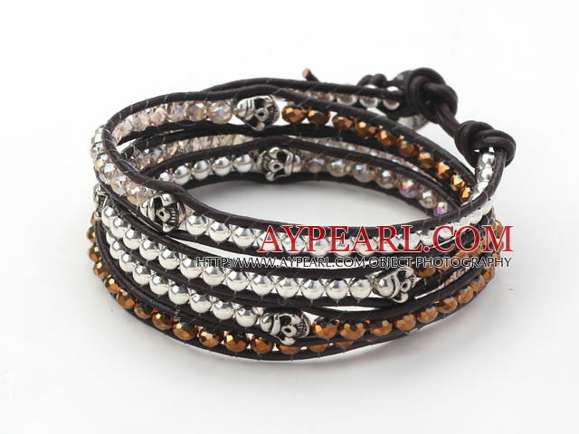 Cristal et Argent couleur dorée Perles et crâne bracelet tissé Bangle Wrap avec corde en cuir noir