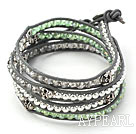Grön Crystal och Silver Pärlor färg och skalle Woven Wrap Bangle Armband med svart läder rem