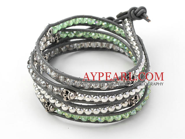 Green Crystal and Silver Color Beads and Skull Woven Wrap Bangle Bracelet with Black Leather Cord