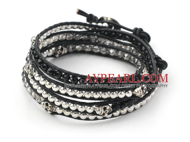 Gray Crystal and Silver Color Beads and Skull Woven Wrap Bangle Bracelet with Black Leather Cord