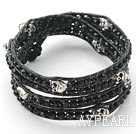 Black Crystal and Silver Color Beads and Skull Woven Wrap Bangle Bracelet with Black Leather Cord