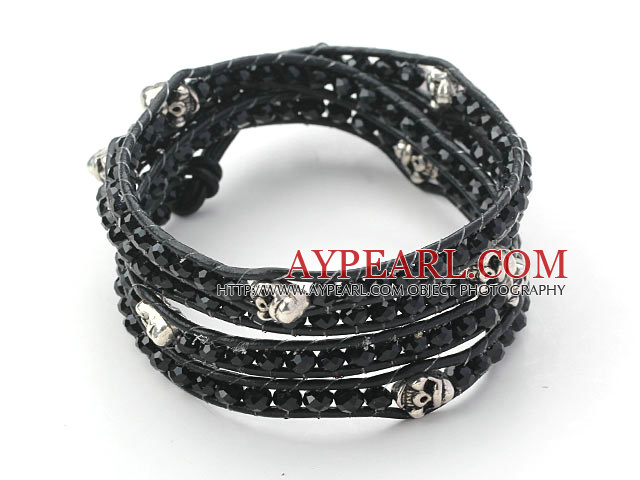 Black Crystal and Silver Color Beads and Skull Woven Wrap Bangle Bracelet with Black Leather Cord