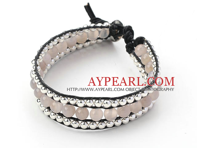 Round Gray Agate and Silver Beads Woven Bracelet with Black Leather Cord